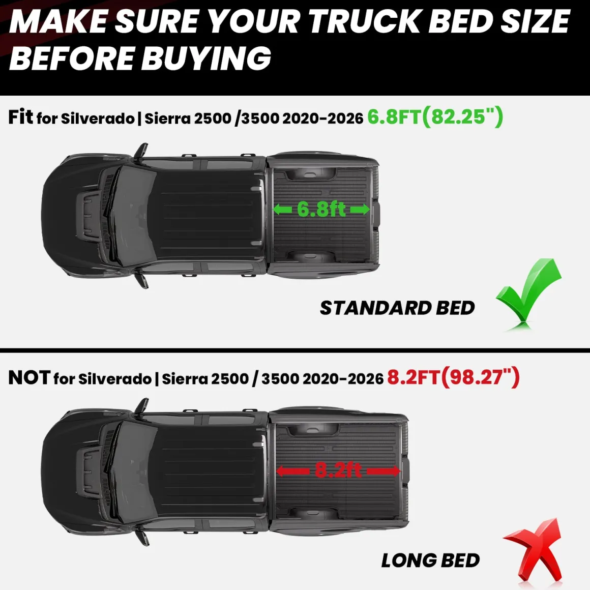 Fit for 2020-2026 Chevrolet Silverado 2500HD 3500HD 6.8FT Bed Mat or Tailgate Mat, Not for 5th Wheel Package