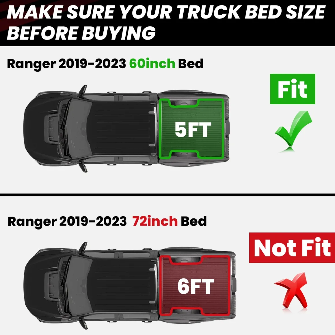 Fit for 2019-2023 Ford Ranger Custom Bed Mat or Tailgate Mat, Not Fit Drop-in liners