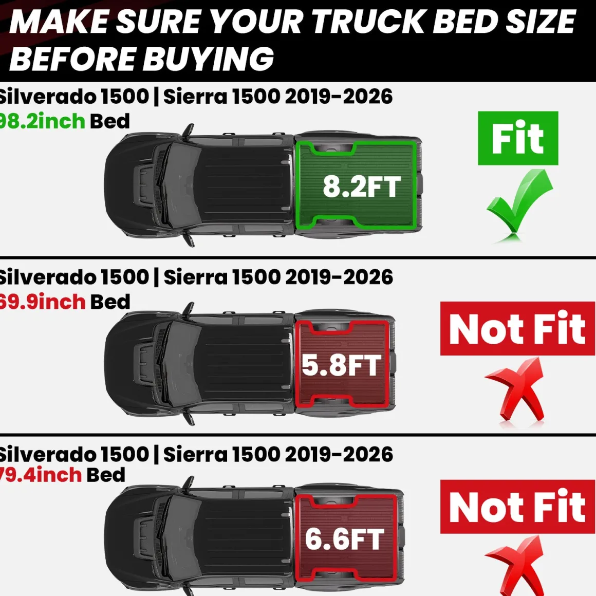 Fit for 2019-2026 GMC Sierra 1500 Truck Bed Mat or Tailgate Mat, Not Fit 2019 Sierra 1500 LD