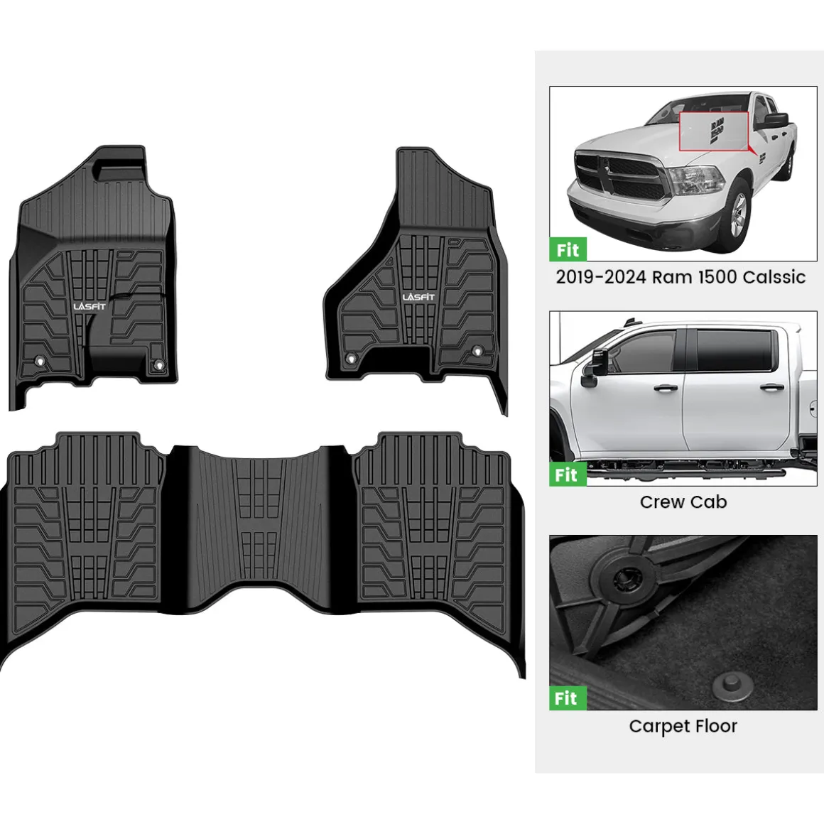 Fit for 2019-2024 Ram 1500 Classic All-Weather TPE Floor Mats, Fit Carpet Floor Only