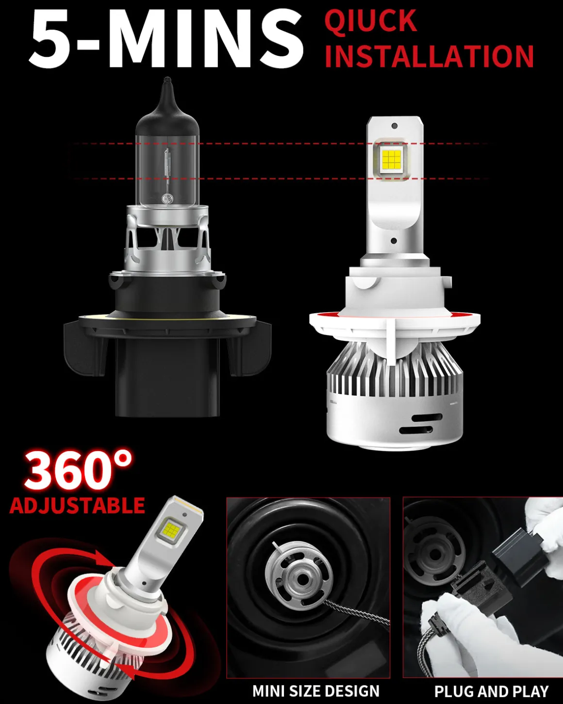 60W H13 9008 LA Plus Series | 6,000LM 6000K LED Bulbs